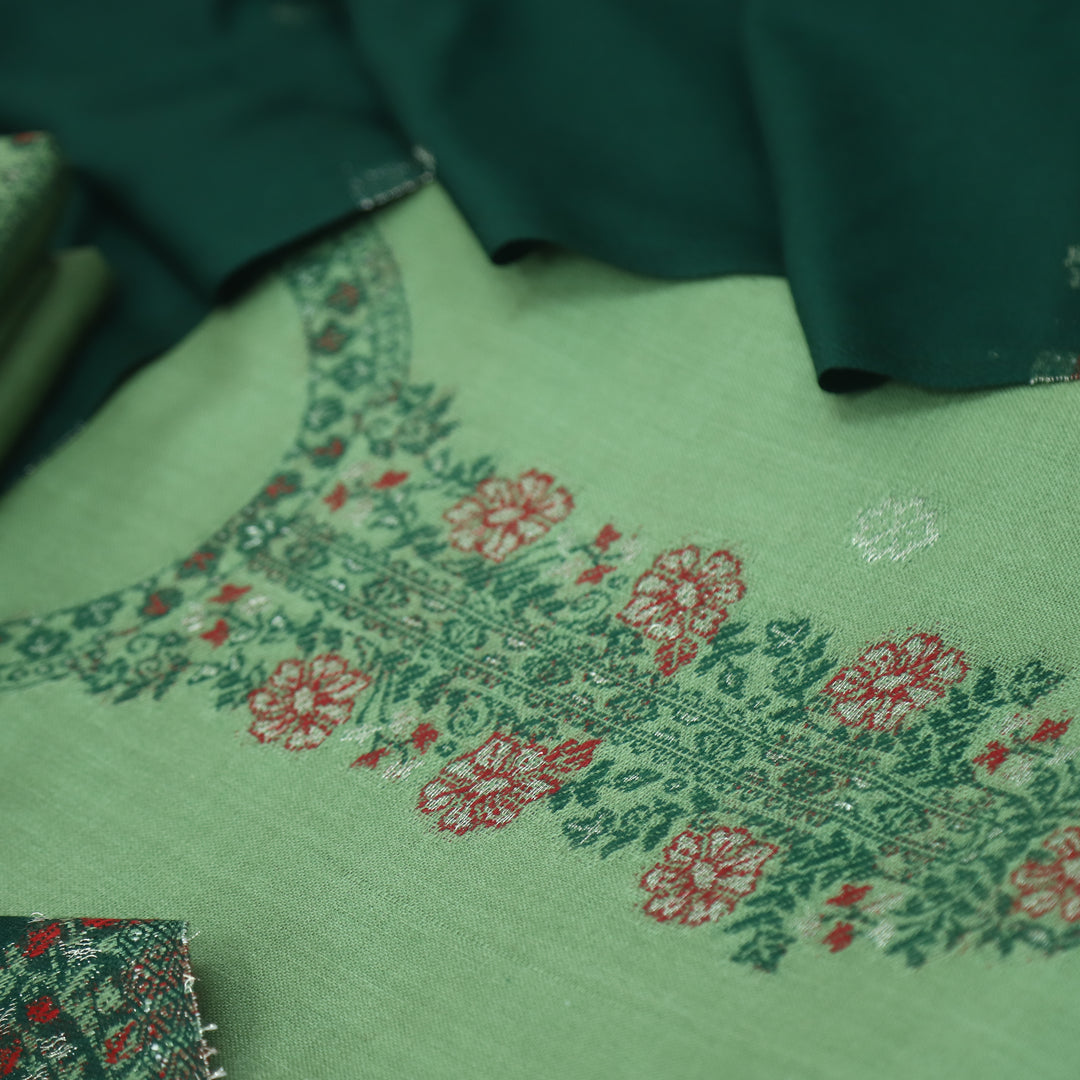 परदेसी Sage Green Thread Weaved with Zari Semi Pashmina Winter Suit Set