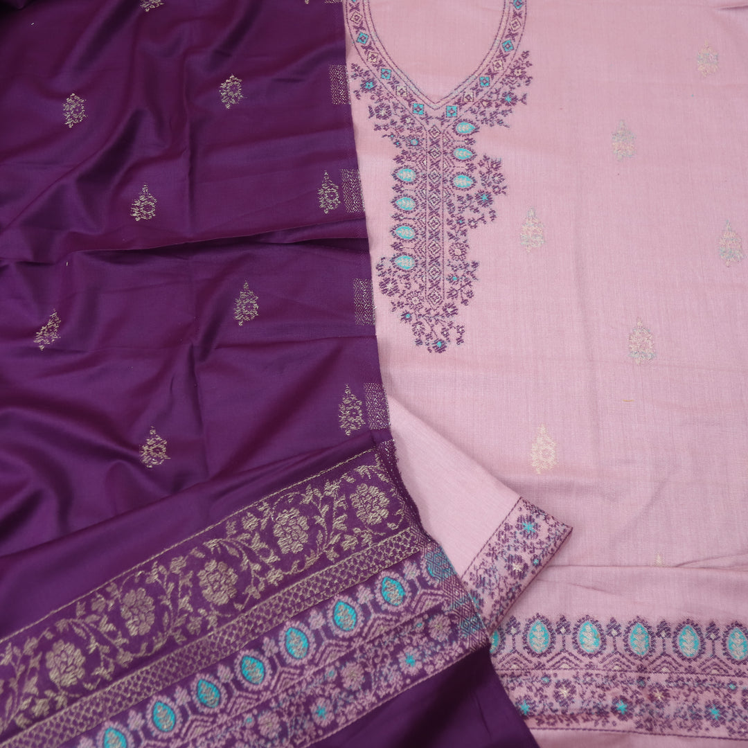 परदेसी Helio Lilac Thread Weaved with Zari Semi Pashmina Winter Suit Set