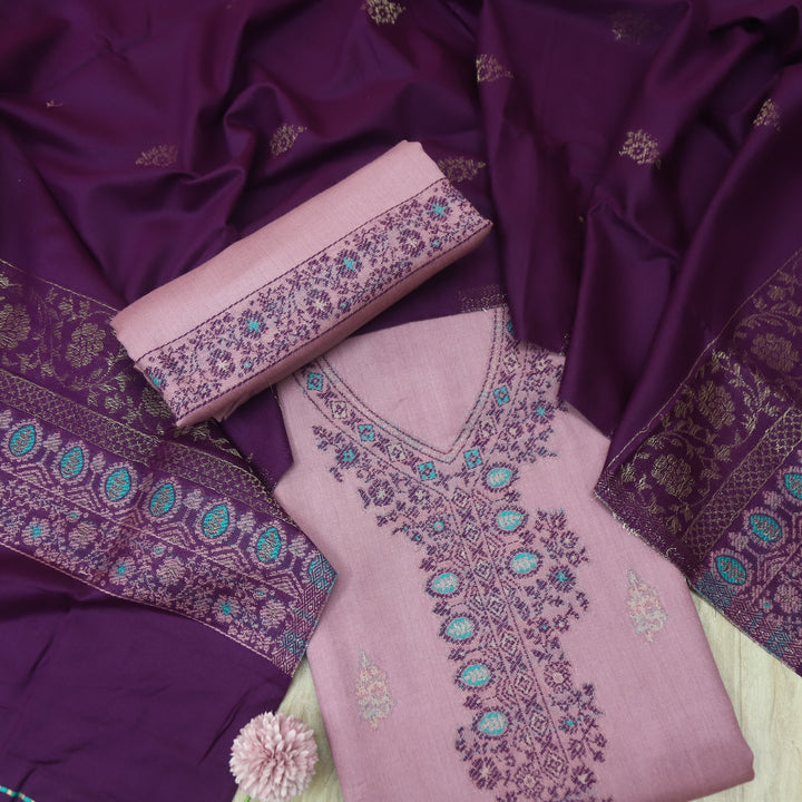 परदेसी Helio Lilac Thread Weaved with Zari Semi Pashmina Winter Suit Set