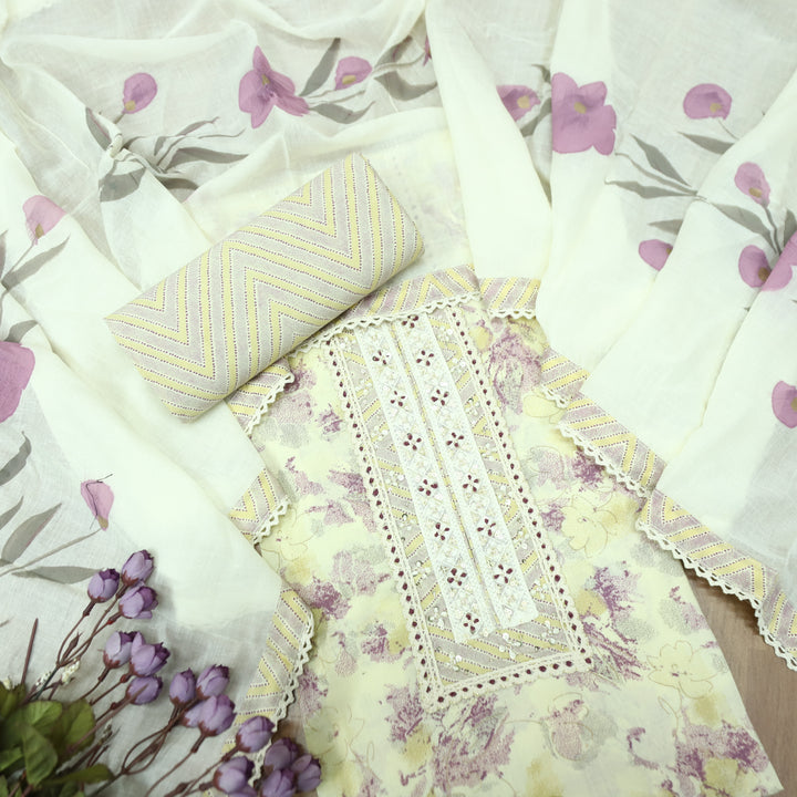 Suroor Beige With Purple Embellished Lace Work Neck Floral Printed Cotton Suit Set