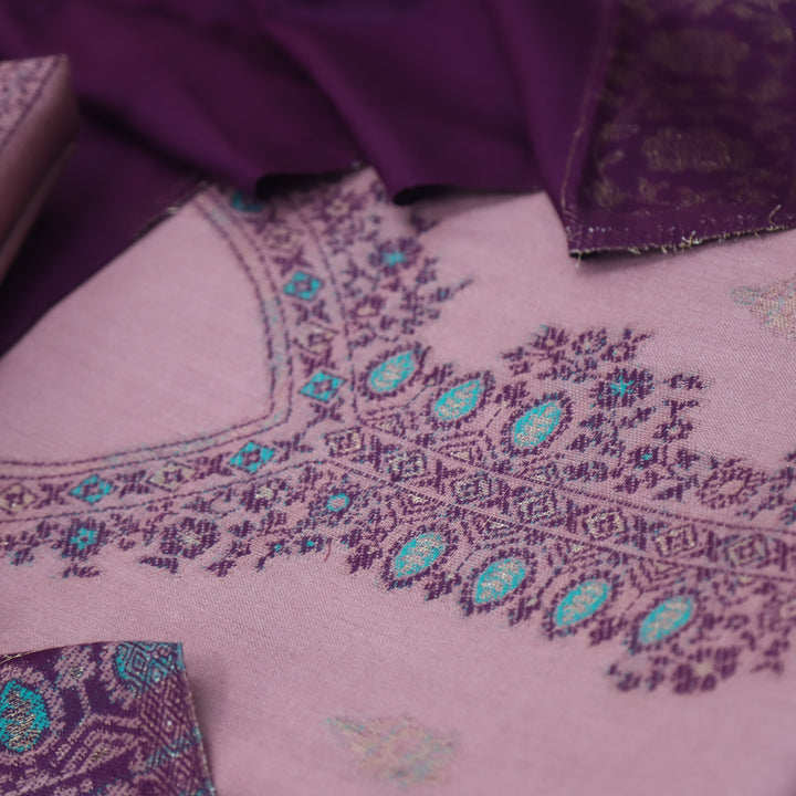 परदेसी Helio Lilac Thread Weaved with Zari Semi Pashmina Winter Suit Set