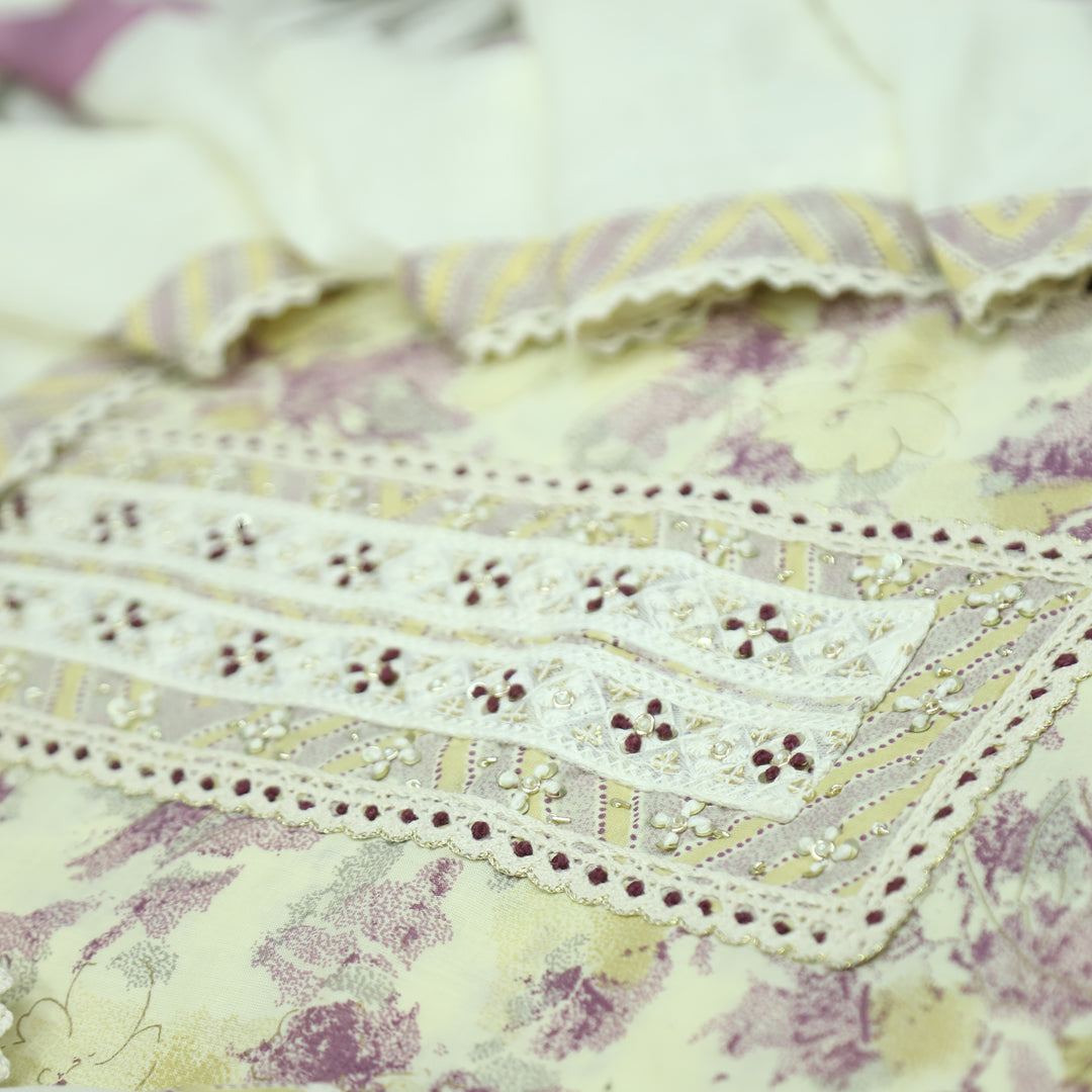 Suroor Beige With Purple Embellished Lace Work Neck Floral Printed Cotton Suit Set