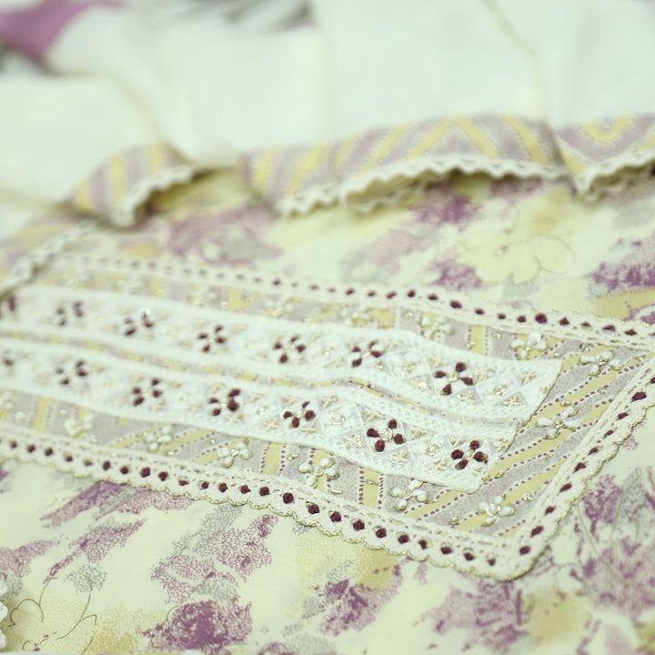 Suroor Beige With Purple Embellished Lace Work Neck Floral Printed Cotton Suit Set