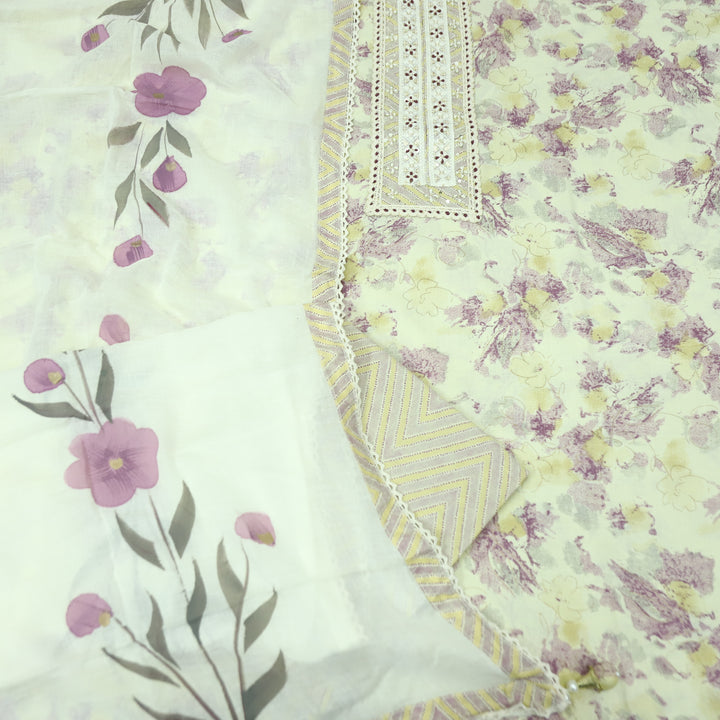 Suroor Beige With Purple Embellished Lace Work Neck Floral Printed Cotton Suit Set