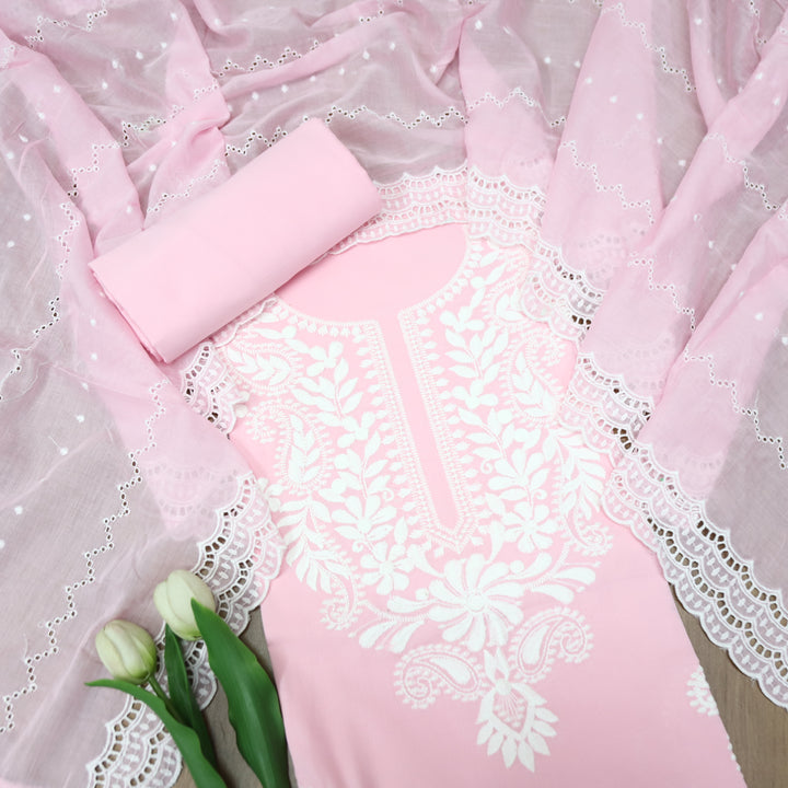Apurav Soft Candy Pink Chikankari Inspired Neck Work Cotton Suit Set