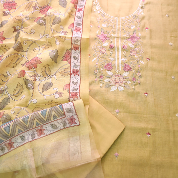 Maria Corn Yellow Embroidery and Zari Mul Chanderi Set