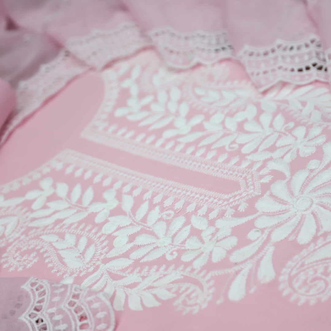 Apurav Soft Candy Pink Chikankari Inspired Neck Work Cotton Suit Set