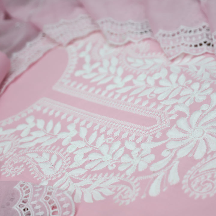 Apurav Soft Candy Pink Chikankari Inspired Neck Work Cotton Suit Set