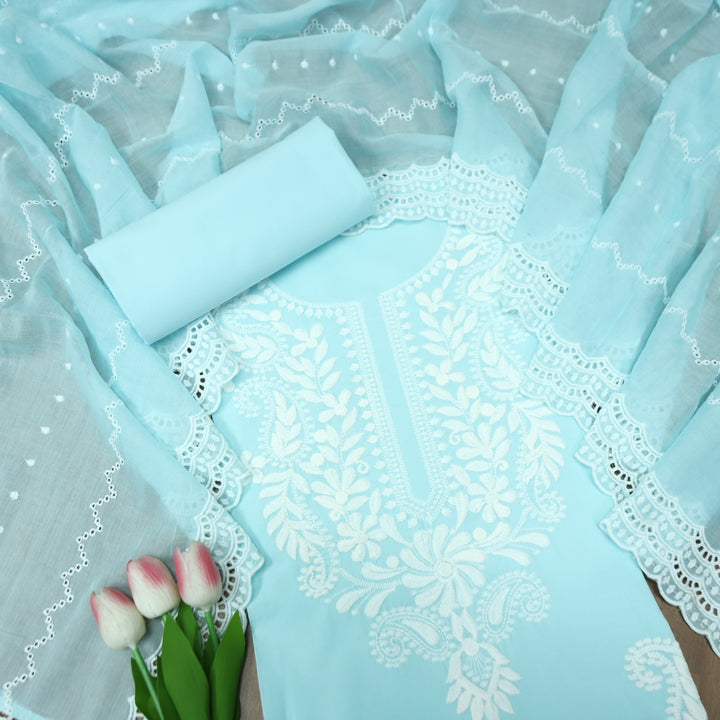 Apurav Aquamarine Sky Chikankari Inspired Neck Work Cotton Suit Set