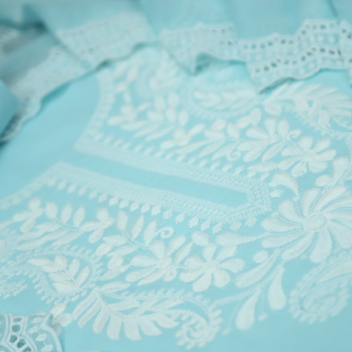 Apurav Aquamarine Sky Chikankari Inspired Neck Work Cotton Suit Set