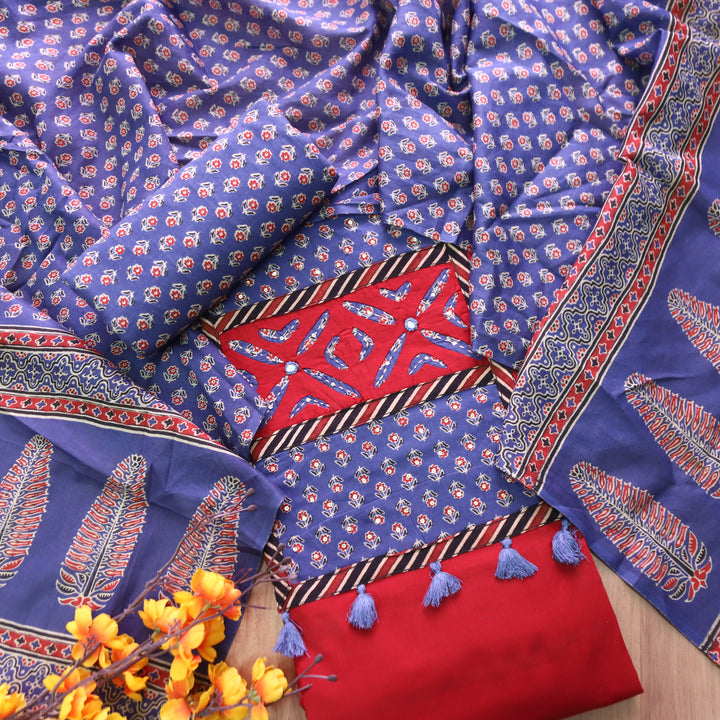 Raashi Cherry Red Applique Patch Yoke Cotton Suit Set