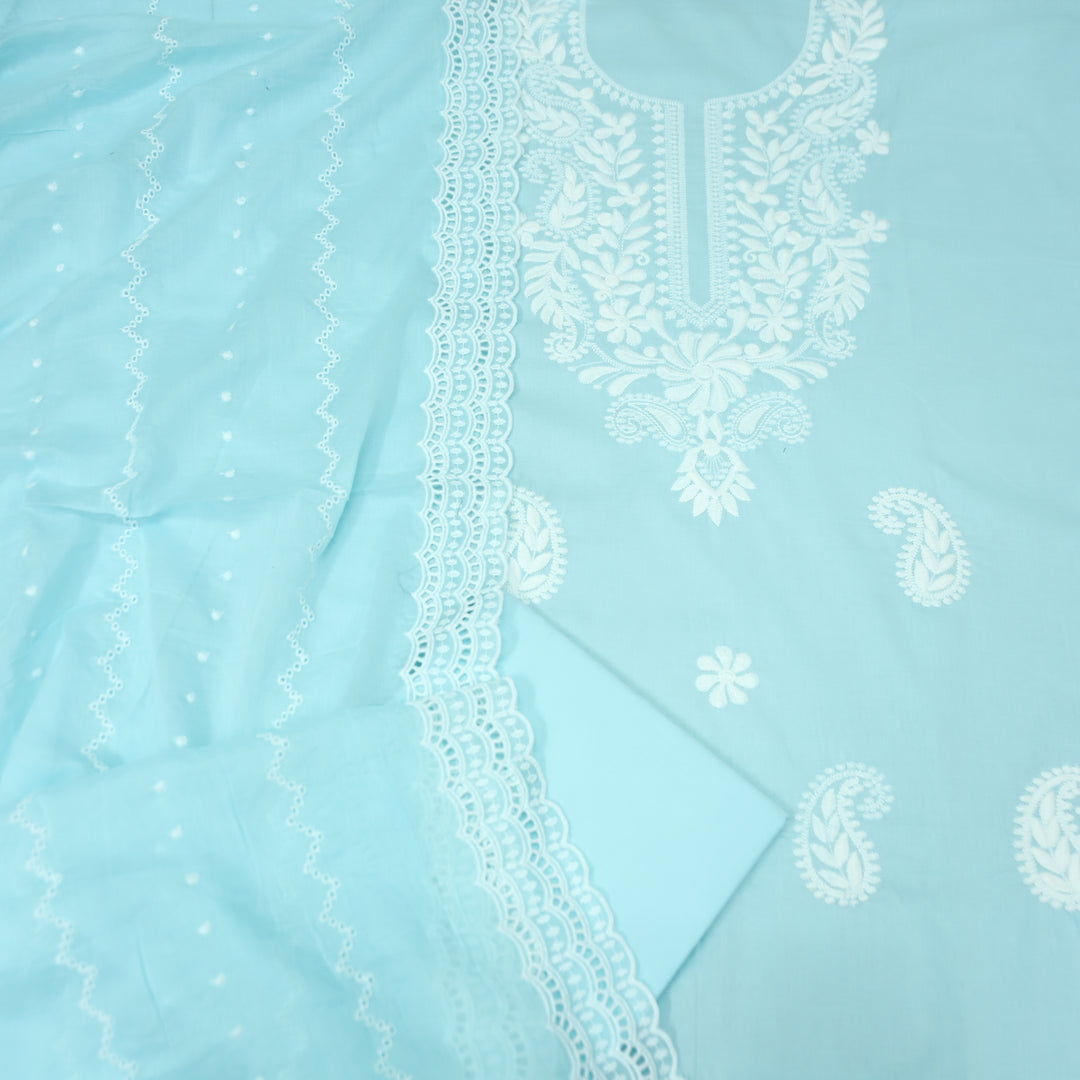 Apurav Aquamarine Sky Chikankari Inspired Neck Work Cotton Suit Set