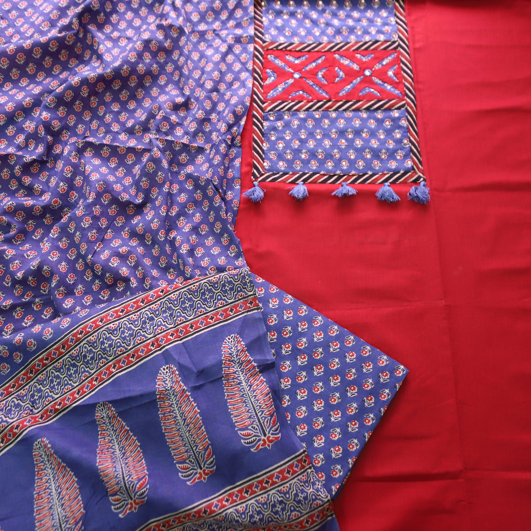 Raashi Cherry Red Applique Patch Yoke Cotton Suit Set