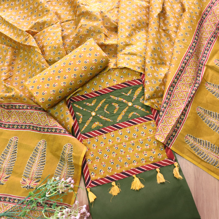 Raashi Pine Green Applique Patch Yoke Cotton Suit Set