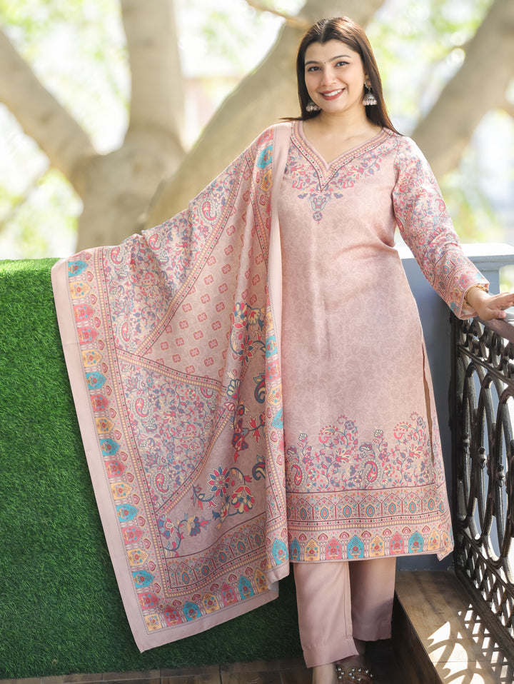 Kritipriya Beige Soft V Neck Kashmiri Floral Print Semi Pashmina 3 Piece Set