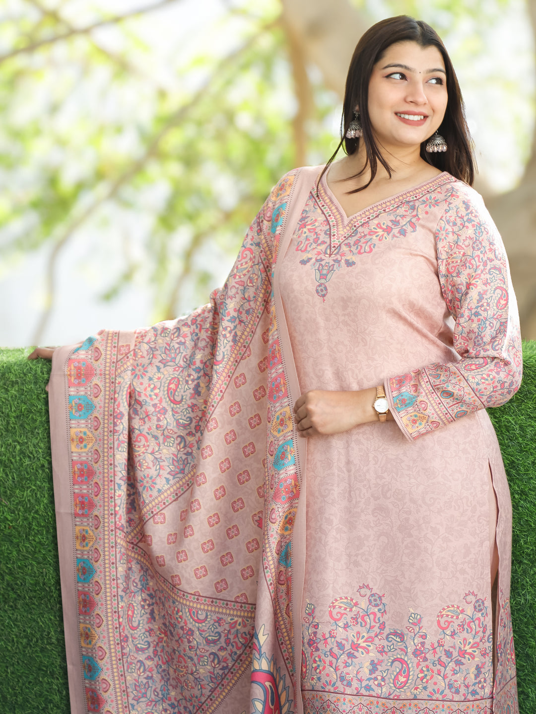Kritipriya Beige Soft V Neck Kashmiri Floral Print Semi Pashmina 3 Piece Set