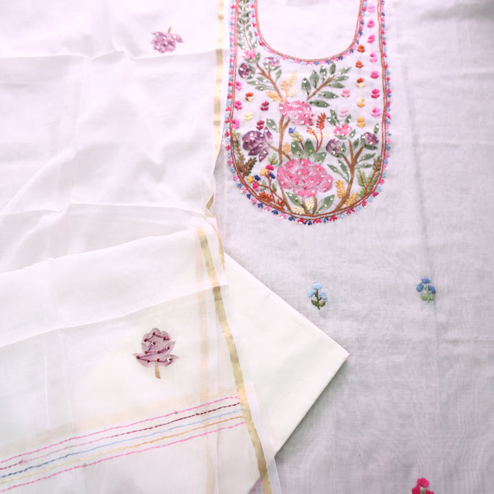 Hans White with Red Floral Hand Painted Kantha Mul Chanderi Set