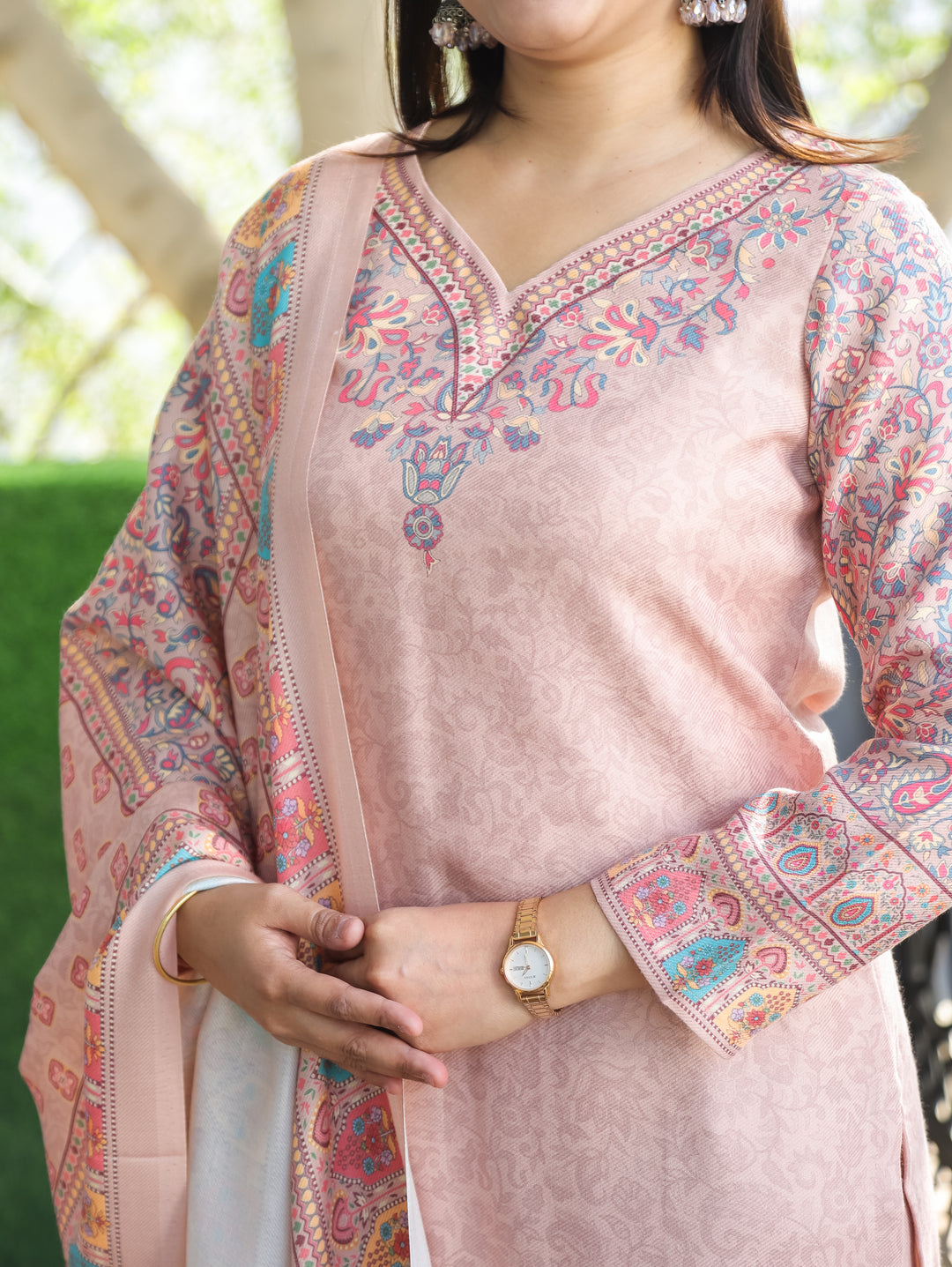 Kritipriya Beige Soft V Neck Kashmiri Floral Print Semi Pashmina 3 Piece Set