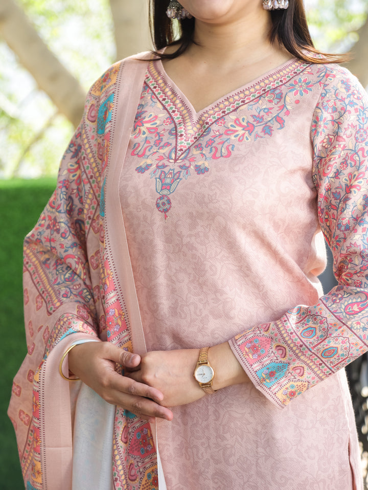 Kritipriya Beige Soft V Neck Kashmiri Floral Print Semi Pashmina 3 Piece Set