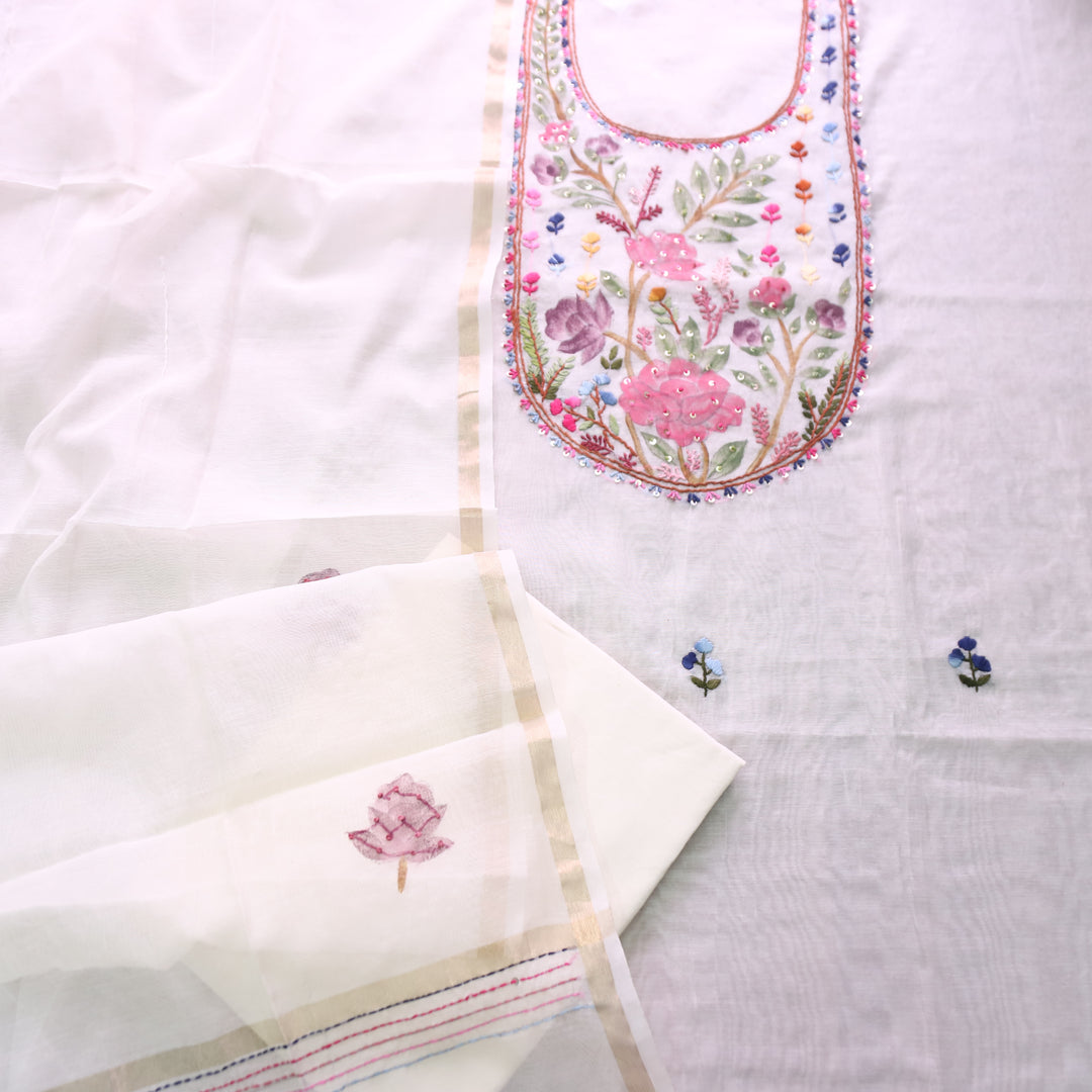 Hans White with Pink Floral Hand Painted Kantha Mul Chanderi Set