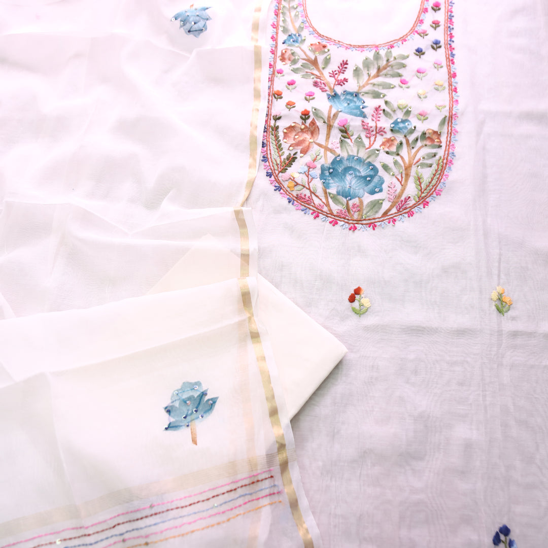 Hans White with Blue Floral Hand Painted Kantha Mul Chanderi Set