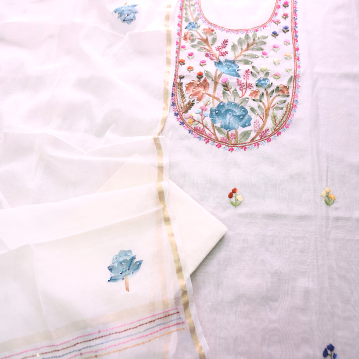 Hans White with Blue Floral Hand Painted Kantha Mul Chanderi Set