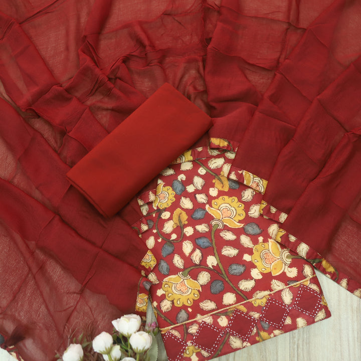 Hayaat Cherry Red Digital Kalamakari Printed Cotton Top with Red Dupatta