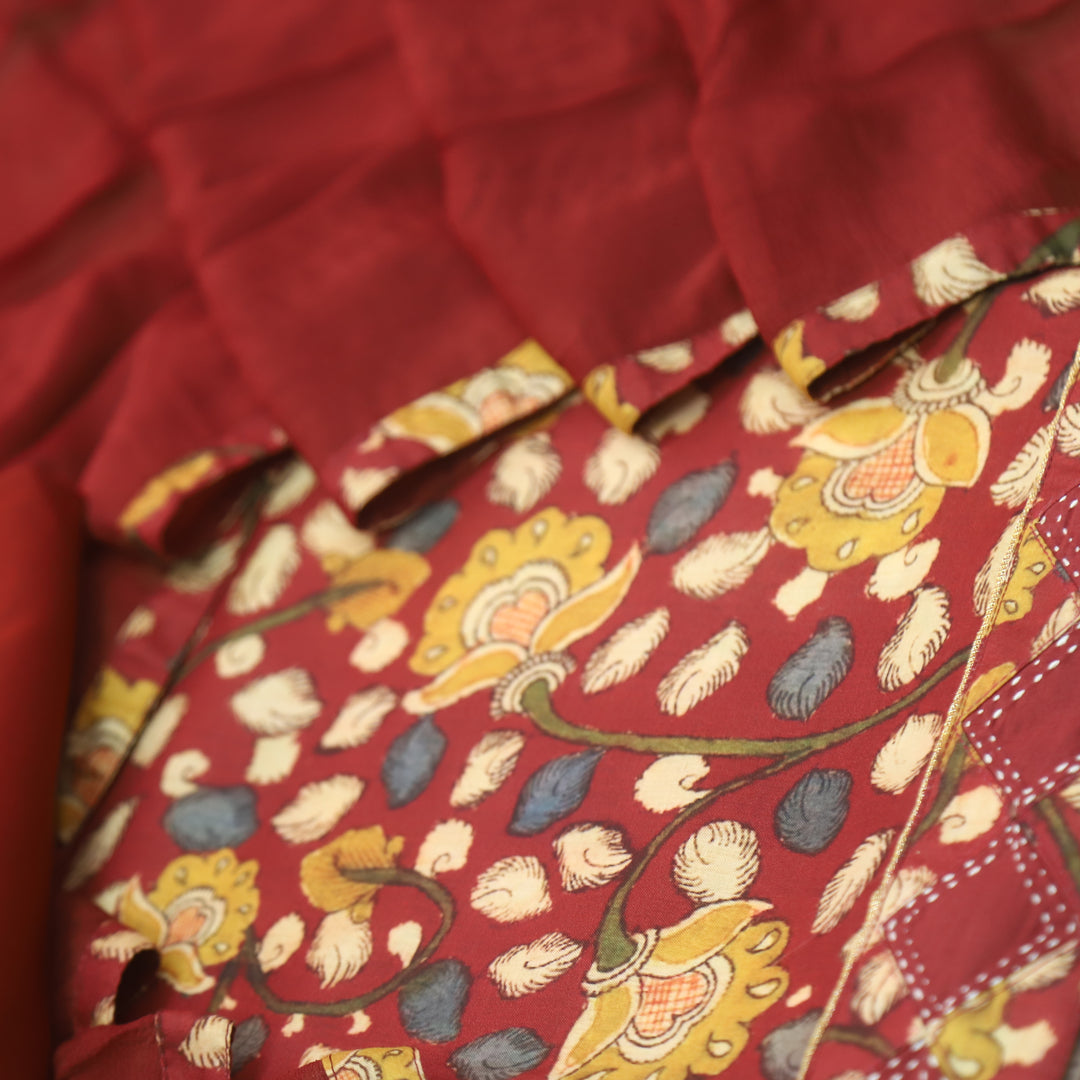 Hayaat Cherry Red Digital Kalamakari Printed Cotton Top with Red Dupatta