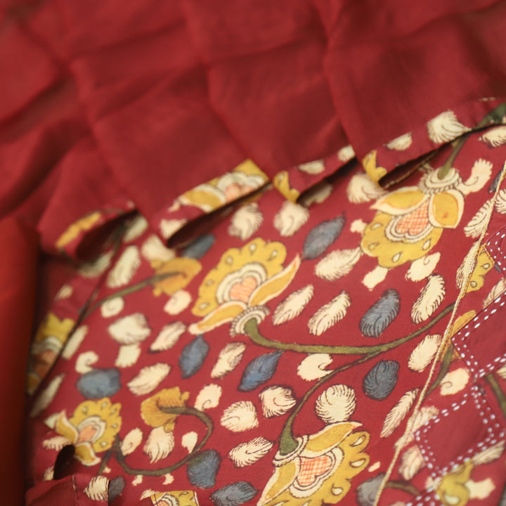 Hayaat Cherry Red Digital Kalamakari Printed Cotton Top with Red Dupatta