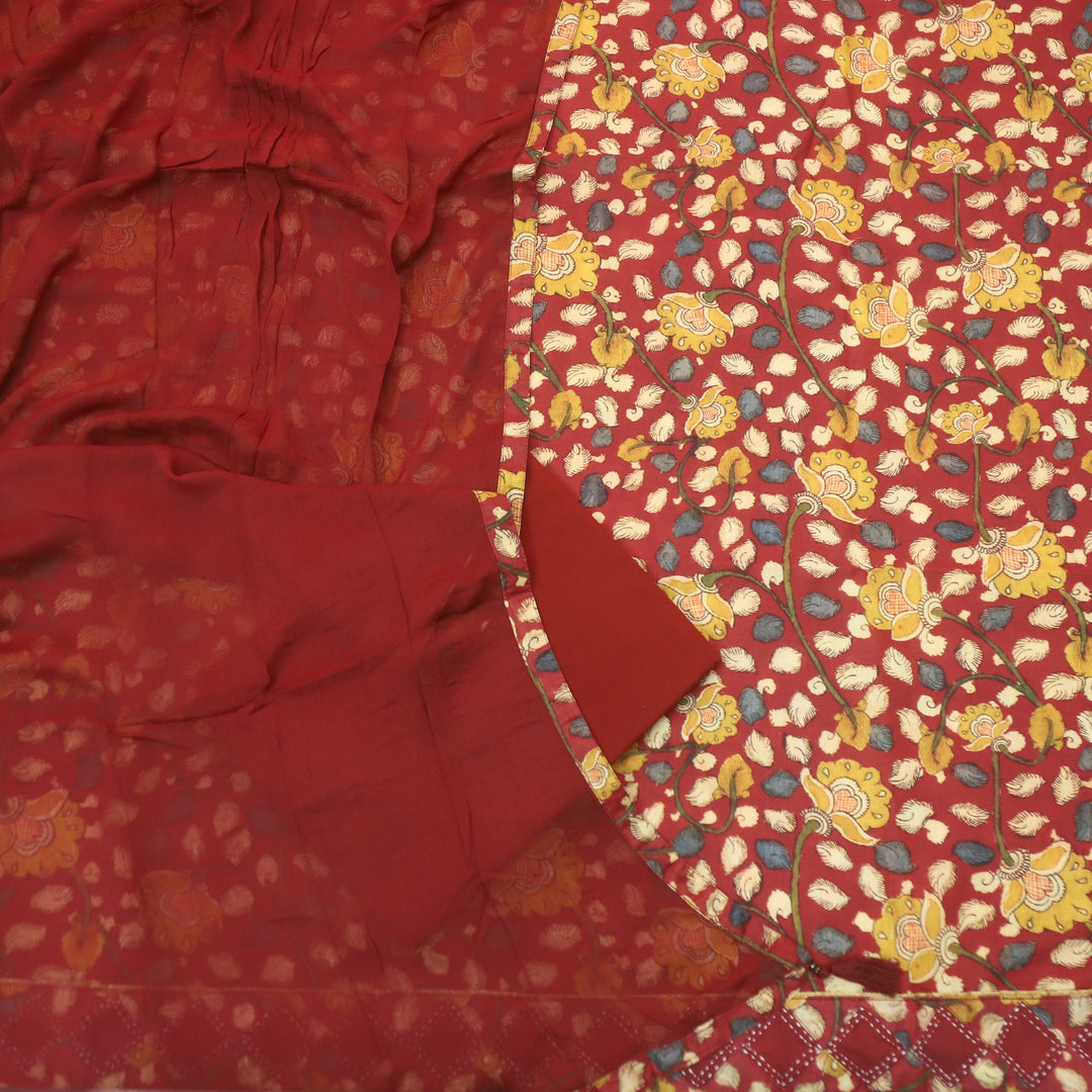 Hayaat Cherry Red Digital Kalamakari Printed Cotton Top with Red Dupatta