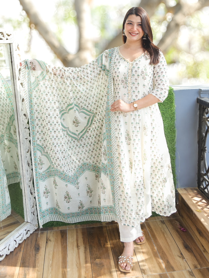 Bella White Green Mul Cotton 3 Piece Set