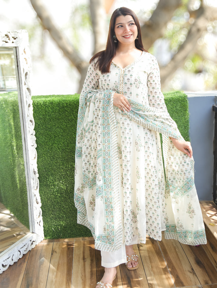 Bella White Green Mul Cotton 3 Piece Set
