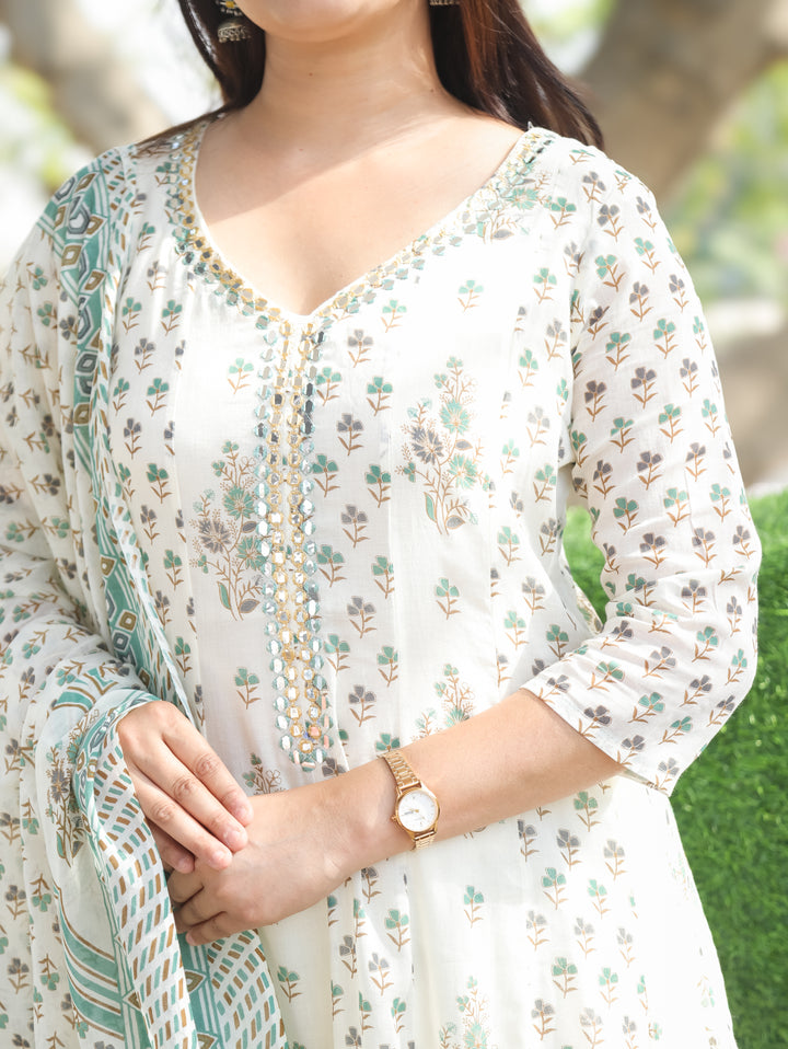 Bella White Green Mul Cotton 3 Piece Set