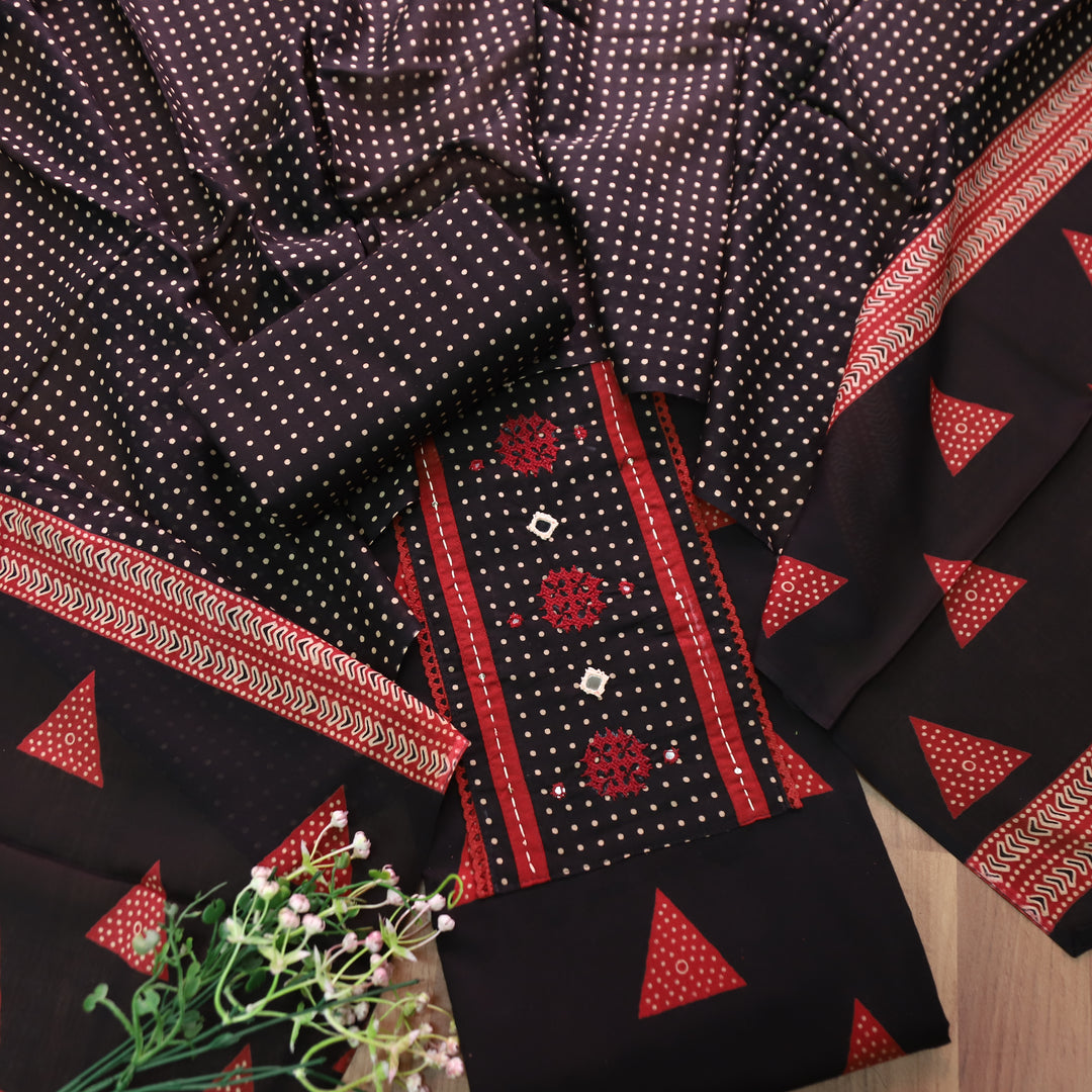 Radhika Black Polka Dot Print Yoke with Mirror Work Cotton Set