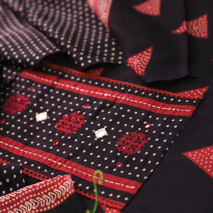Radhika Black Polka Dot Print Yoke with Mirror Work Cotton Set