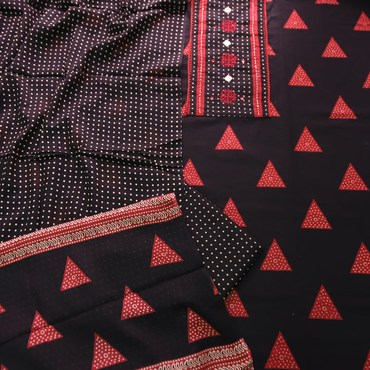 Radhika Black Polka Dot Print Yoke with Mirror Work Cotton Set