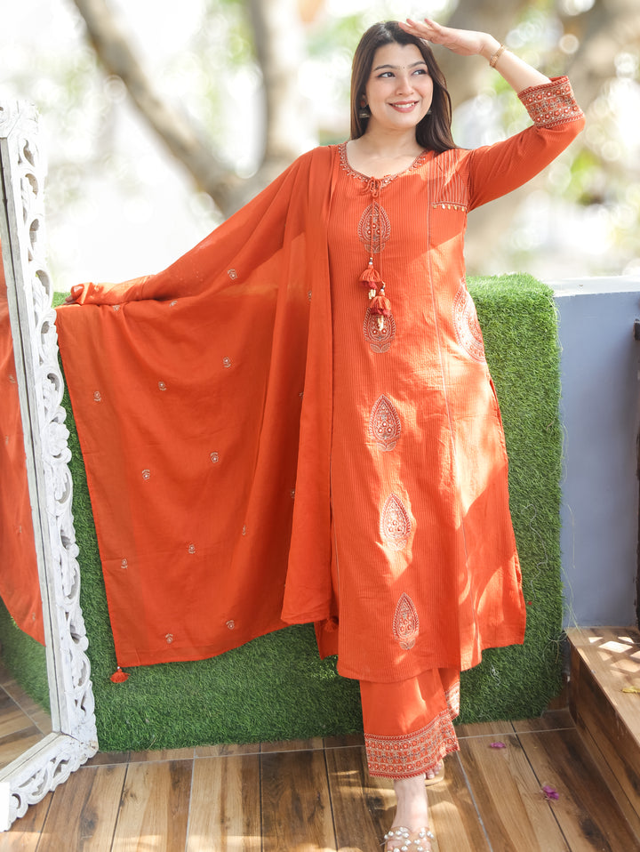 Ruchi Rust Embroidered Cotton 3 Piece Set