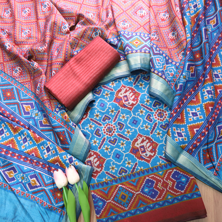 Pravi Sky Blue All Over Patola Shadow Printed Work Muslin Silk Set