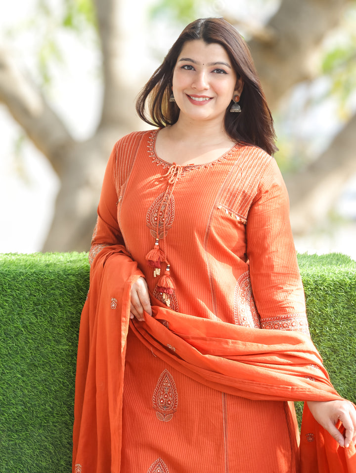 Ruchi Rust Embroidered Cotton 3 Piece Set