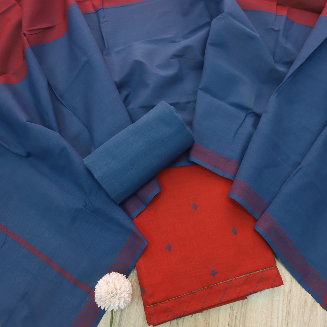 Madhubala Red with Blue All Over Thread Weaved Handloom Cotton Suit Set