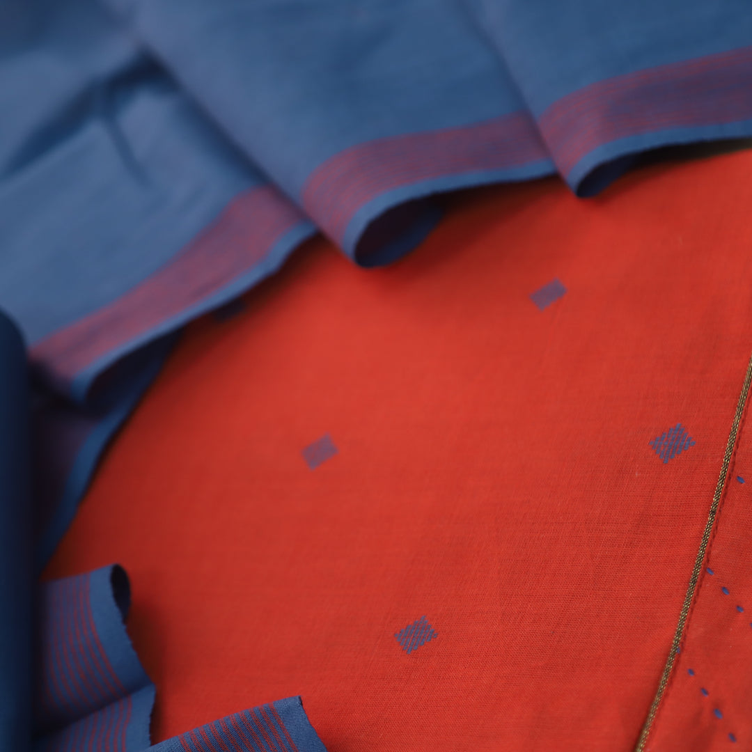 Madhubala Red with Blue All Over Thread Weaved Handloom Cotton Suit Set