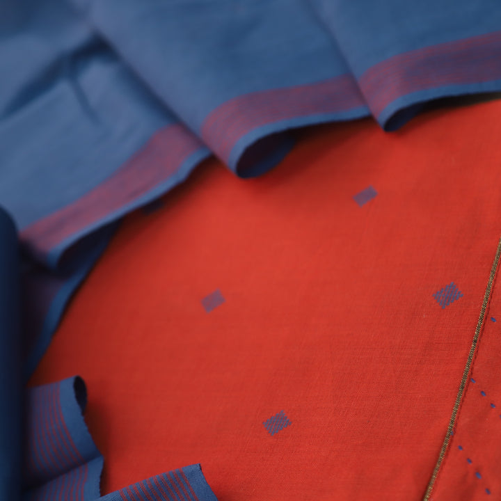 Madhubala Red with Blue All Over Thread Weaved Handloom Cotton Suit Set
