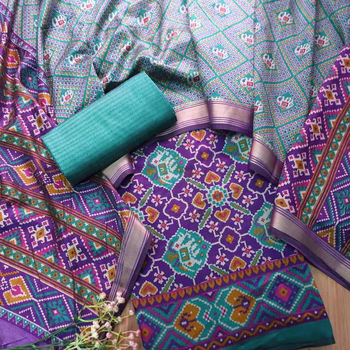 Pravi Blue All Over Patola Shadow Printed Work Muslin Silk Set