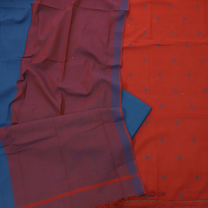Madhubala Red with Blue All Over Thread Weaved Handloom Cotton Suit Set