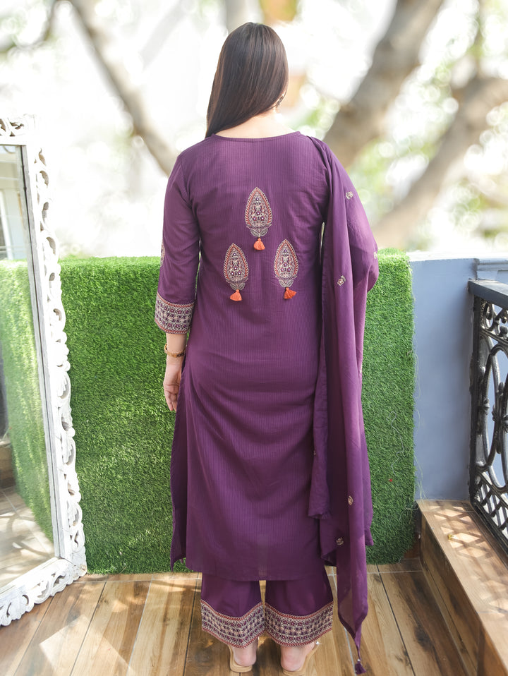 Ruchi Purple Embroidered Cotton 3 Piece Set