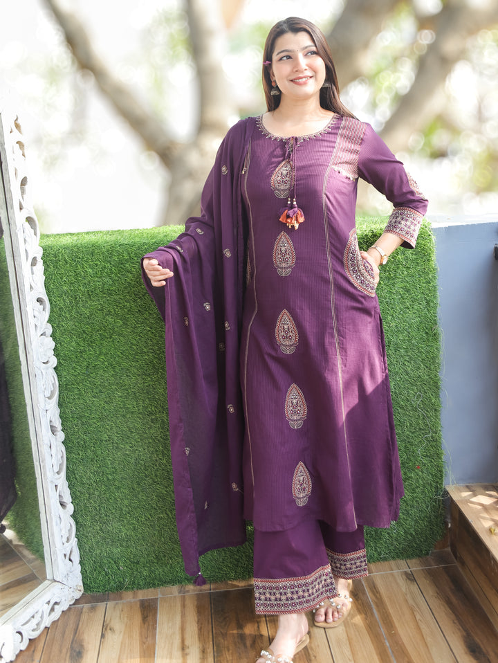 Ruchi Purple Embroidered Cotton 3 Piece Set