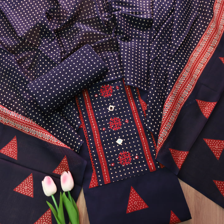 Radhika Blue Polka Dot Print Yoke with Mirror Work Cotton Set