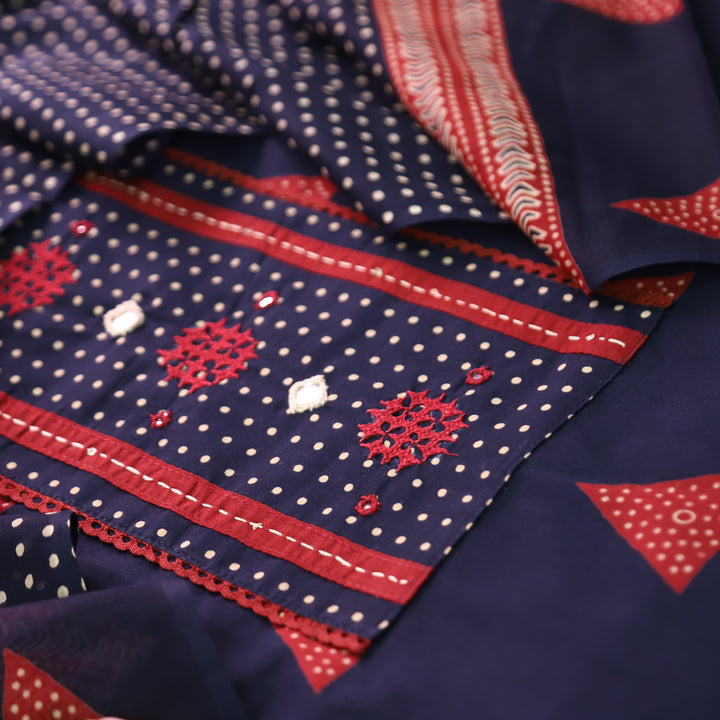 Radhika Blue Polka Dot Print Yoke with Mirror Work Cotton Set