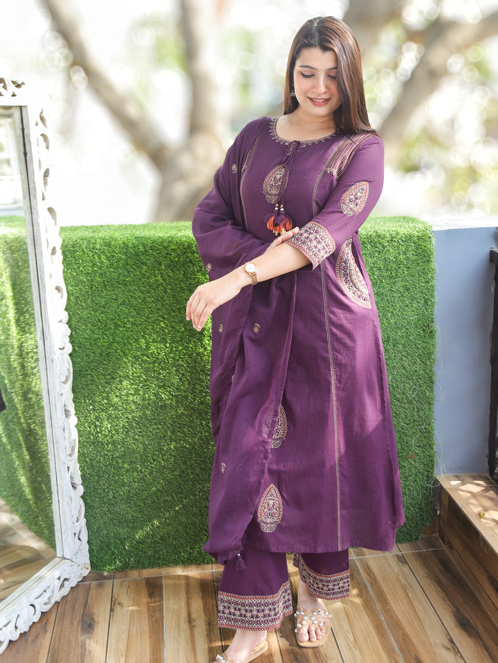 Ruchi Purple Embroidered Cotton 3 Piece Set