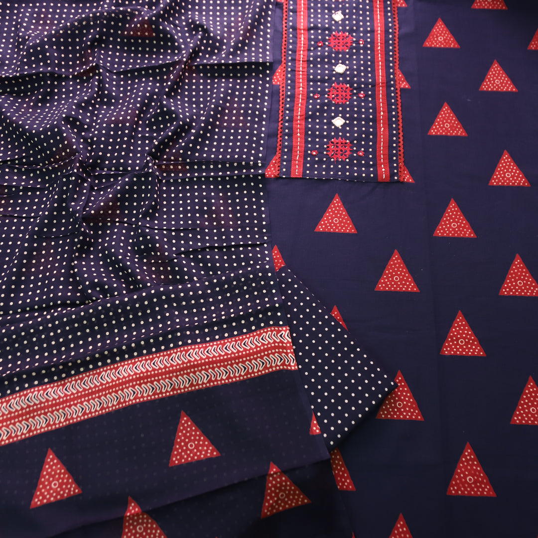 Radhika Blue Polka Dot Print Yoke with Mirror Work Cotton Set